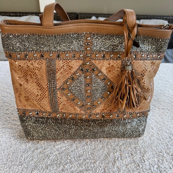 Mary Frances Handbags - Mary Frances Rise and Shine Tan Embellished Tote Bag with Tassel